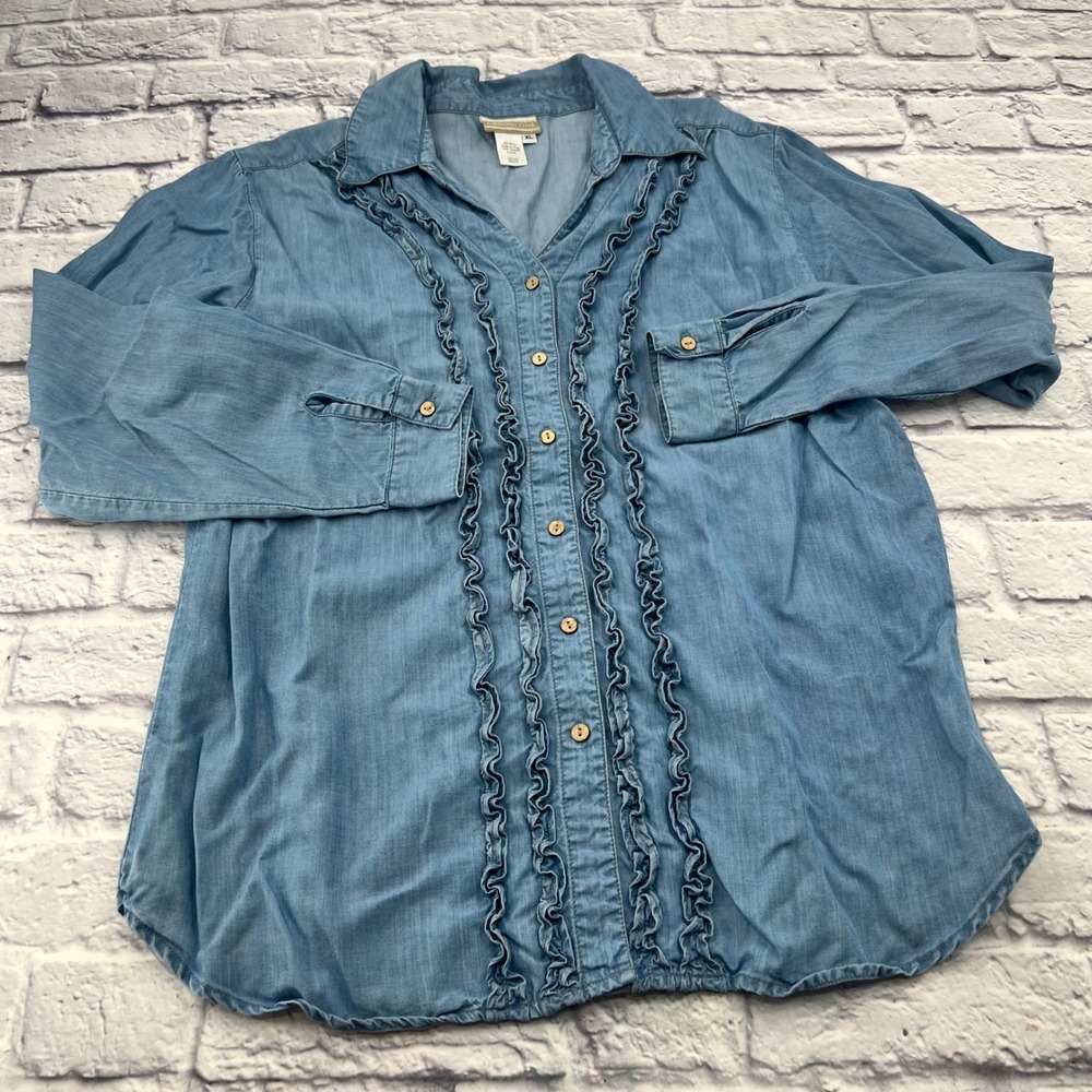 Coldwater Creek Womens XL Blue Chambray Ruffle Button Up Shirt Tencel Lyocell - Picture 3 of 9